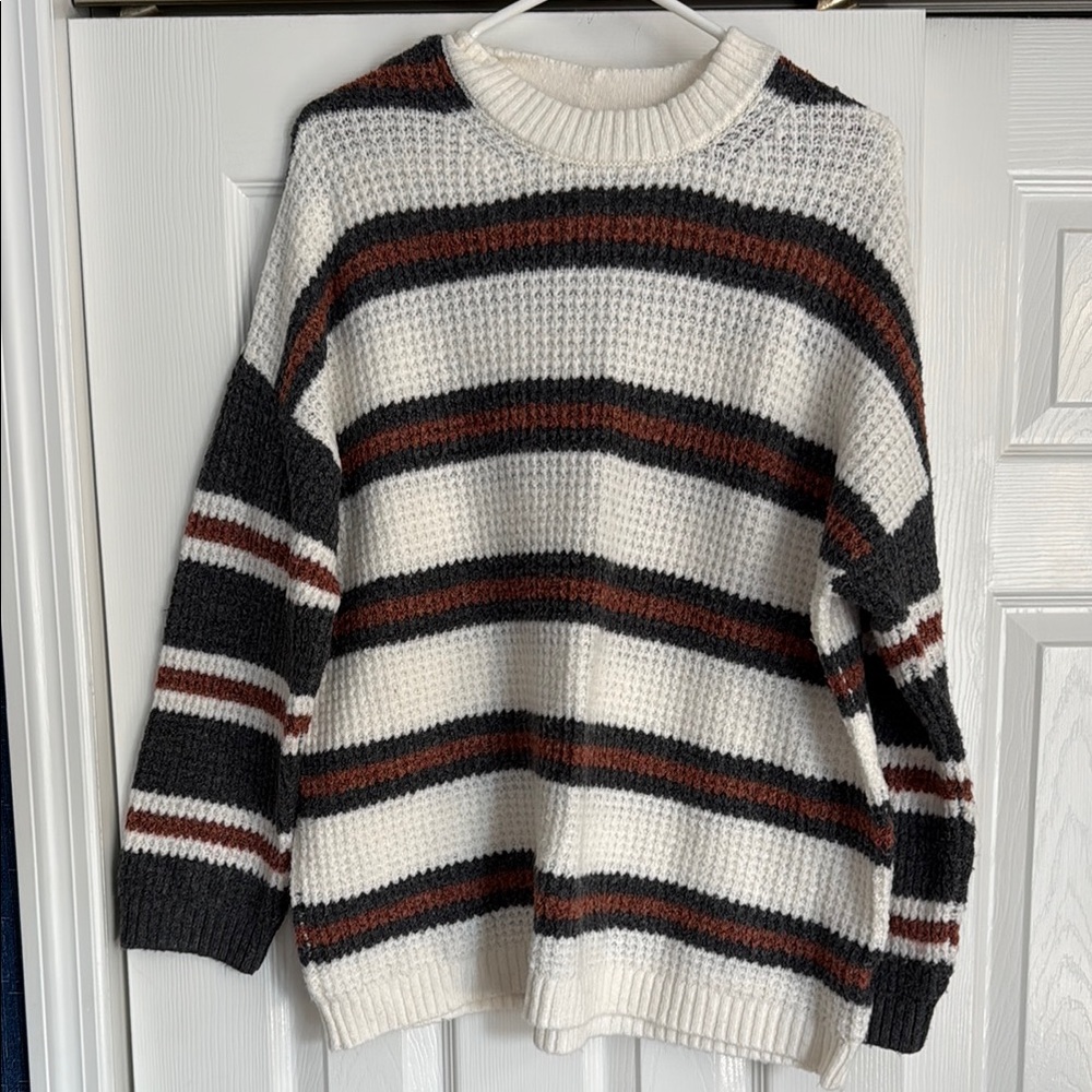 American Eagle Outfitters Cream Sweater with Black & Rust Accent Stripes